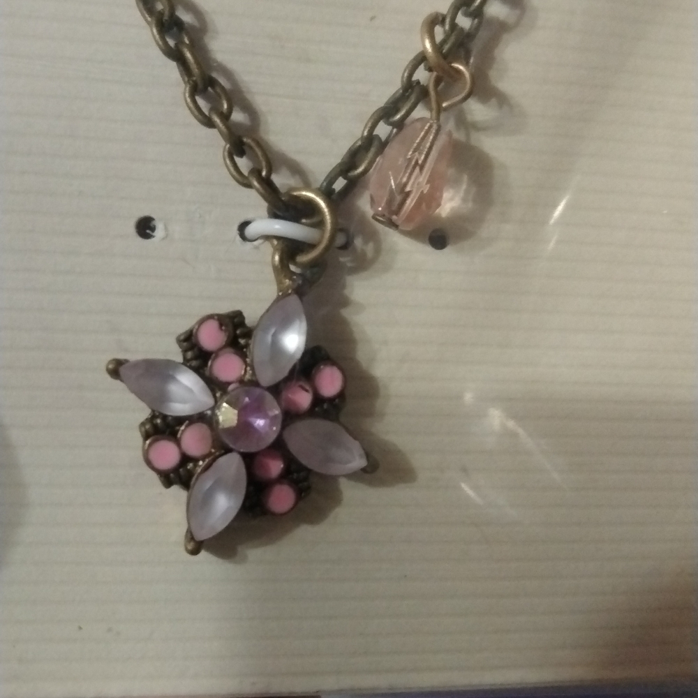 Pink jeweled necklace 16" bronze color chain NWT (sku 848)